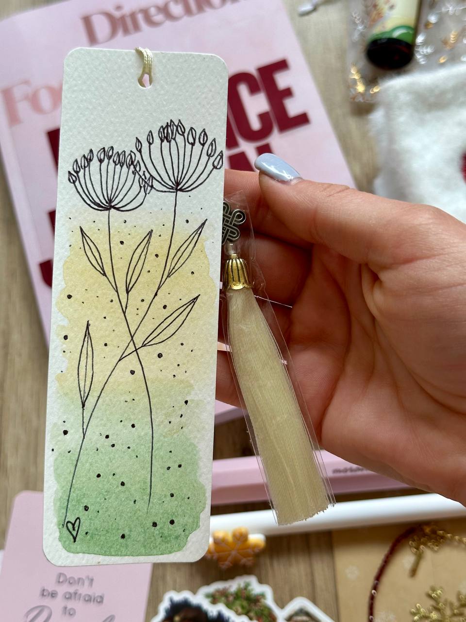 Botanical ink bookmark on green wash