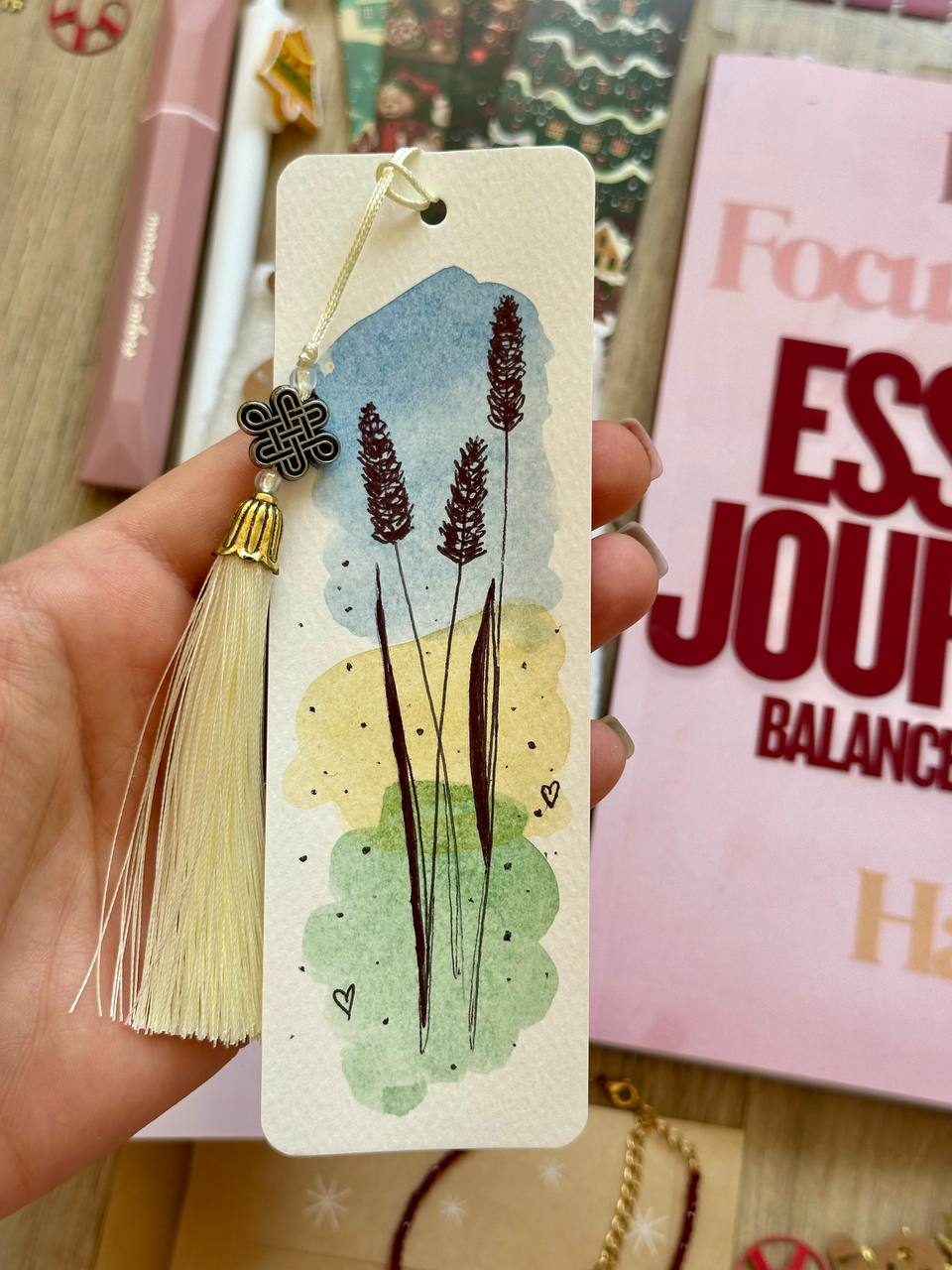 Meadow grasses bookmark on blue wash